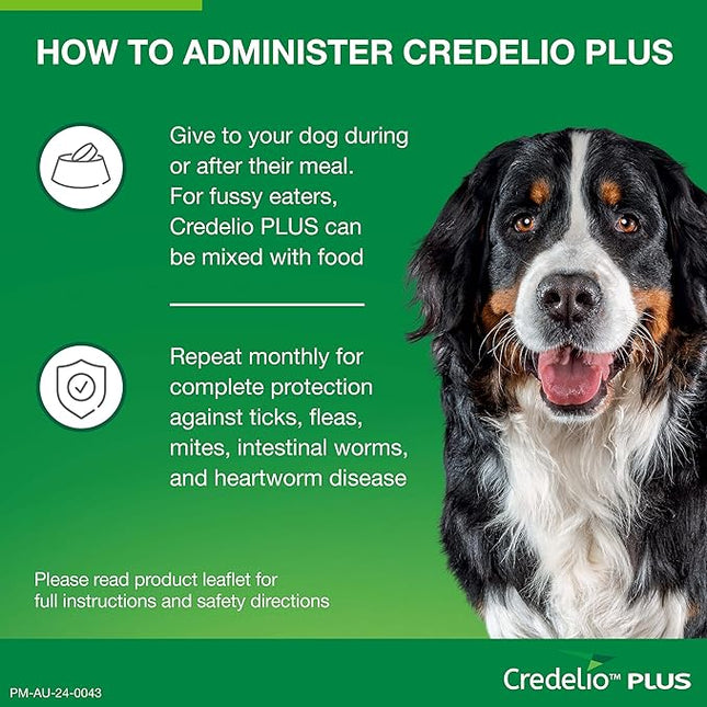 Credelio Plus Dog Flea and Tick Treatment, Single Pack, Ticks, Fleas, Mites, Heartworm & Worms Parasite Protection, in The Smallest Monthly Chewable Tablet for Dogs > 11-22 kg, 1 Pack