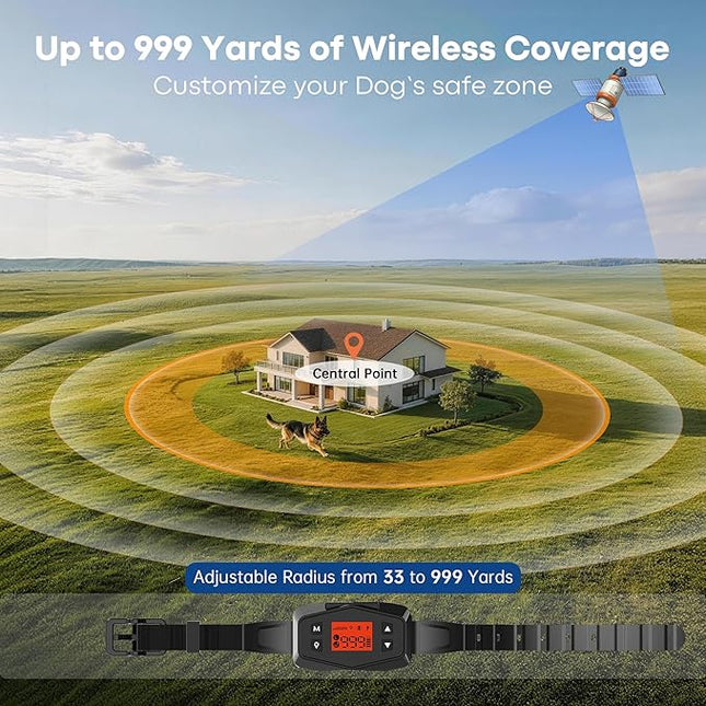 GPS Wireless Electric Dog Fence with 6-Level Adjustable Training, 33-999yd Outdoor Containment, IPX7 Waterproof