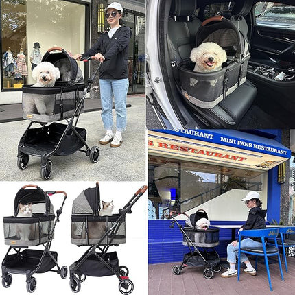 ROODO 2026 Upgraded Version 3-in-1 Dog Cat Stroller with Detachable Carrier Folding Lightweight Portable Travel Pet Gear All-Terrain Puppy Doggie Kitty Bunny Stroller for 35 lbs(Grey Lattice)