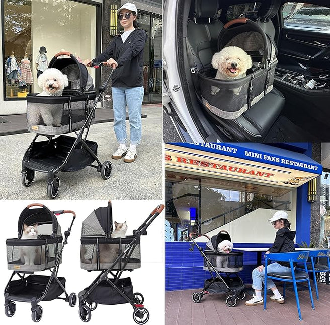 ROODO 2026 Upgraded Version 3-in-1 Dog Cat Stroller with Detachable Carrier Folding Lightweight Portable Travel Pet Gear All-Terrain Puppy Doggie Kitty Bunny Stroller for 35 lbs(Grey Lattice)