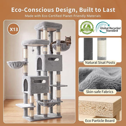 Heybly Cat Tree, 74.8-Inch Spacious & Tall Cat Tower for Large Cats,2 Cat Condos, Hanging Hammock, Light Gray