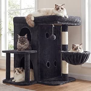 Heybly 26.3" Cat Tree for Large Cats with Big Perch & Dual Condos HCT204SG | 26.3-inch Spacious Cat Tower with Scratching Posts, Stair-Style Cat House Furniture with Cozy Basket & Pompom, Smoky Gray