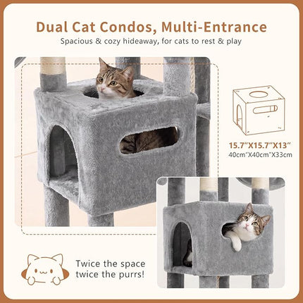Heybly Cat Tree, 74.8-Inch Spacious & Tall Cat Tower for Large Cats,2 Cat Condos, Hanging Hammock, Light Gray
