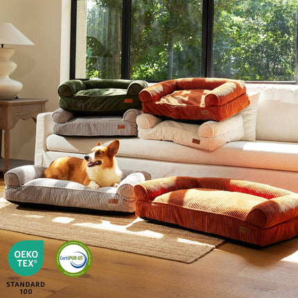 FUKUMARU Cat Couch Bed, Corduroy Cozy Cat Bed for Indoor Cats with Removable Washable Cover, Supportive Anti-Slip Dog Beds Sofa for Small Dogs Cute, 27inch, Medium, Cream