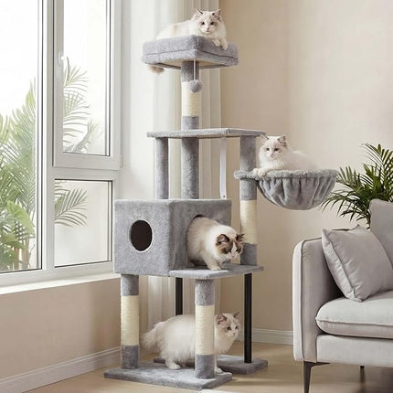 Heybly HCT200SW Cat Scratching Post, 125 cm, Small Cat Tree, Spacious and Comfortable,Light Grey