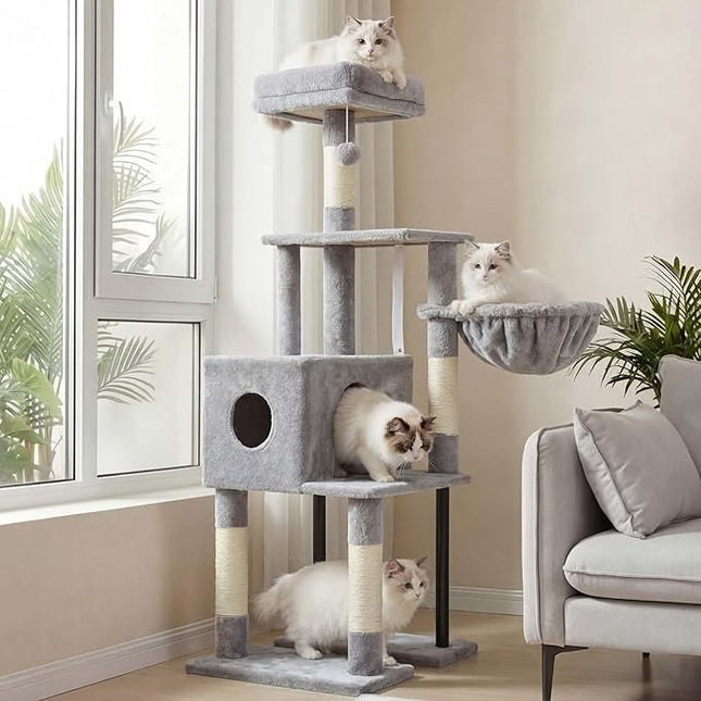 Heybly HCT200SW Cat Scratching Post, 125 cm, Small Cat Tree, Spacious and Comfortable,Light Grey