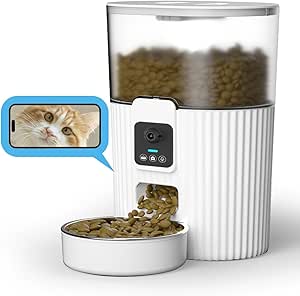 ACAGALA Automatic Pet Feeder with Camera, 3L Capacity Dual Power Button Control for Cats Dogs Automatic Cat Feeder, 1080P HD Video Night Vision, APP Control, Two-Way Audio