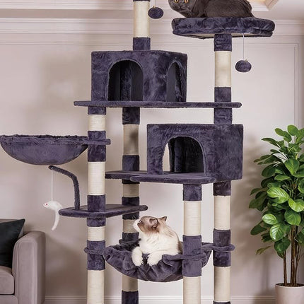 Heybly Cat Tree with Toy,70 inches Cat Tower condo for Indoor Cats, Cat House with Padded Plush Perch, Cozy Hammock and Sisal Scratching Posts, Smoky Gray HCT032G