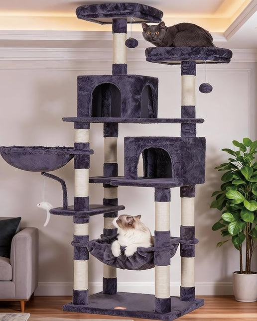 Heybly Cat Tree with Toy,70 inches Cat Tower condo for Indoor Cats, Cat House with Padded Plush Perch, Cozy Hammock and Sisal Scratching Posts, Smoky Gray HCT032G
