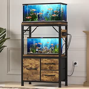 Heybly 5-10Gal Fish Tank Stand with Drawer, Power Outlet,200lbs HAS002SSR-1 |  20.5" × 10.2" Top, Rustic Brown