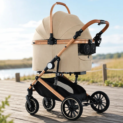 Luxury Pet Stroller with Spacious Comfort, Built- In Cooling Fan & Detachable,Beige Colour
