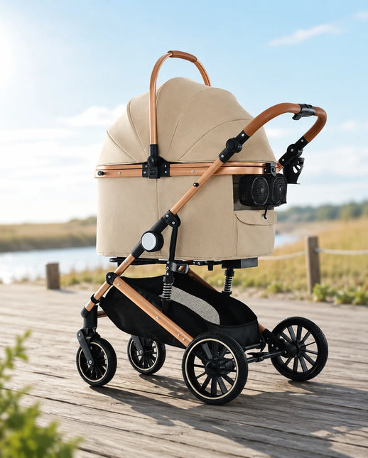 Luxury Pet Stroller with Spacious Comfort, Built- In Cooling Fan & Detachable,Beige Colour