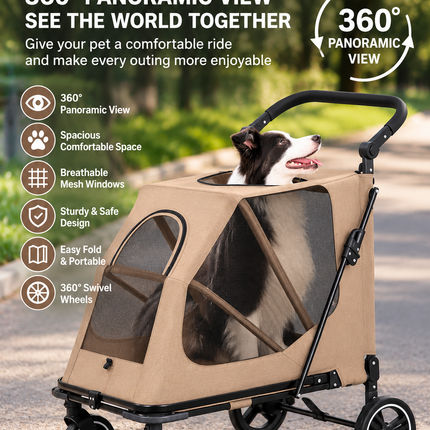 Large Dog Stroller Foldable Pet Pram with Mesh Windows Coffee Brown