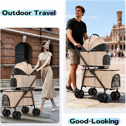 Double Pet Stroller for 2 Dogs & 2 Cats 4 Wheels Double Dog Strollers with Detachable Carriers Foldable Pet Travel Jogger Stroller Removable Cat Carrier Bag for Medium Small Pets(khaki)