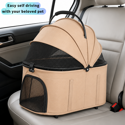 Double Pet Stroller for 2 Dogs & 2 Cats 4 Wheels Double Dog Strollers with Detachable Carriers Foldable Pet Travel Jogger Stroller Removable Cat Carrier Bag for Medium Small Pets(khaki)