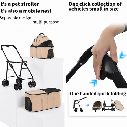 Double Pet Stroller for 2 Dogs & 2 Cats 4 Wheels Double Dog Strollers with Detachable Carriers Foldable Pet Travel Jogger Stroller Removable Cat Carrier Bag for Medium Small Pets(khaki)