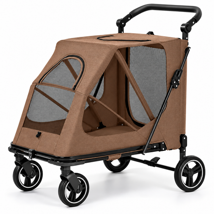 Large Dog Stroller Foldable Pet Pram with Mesh Windows Coffee Brown
