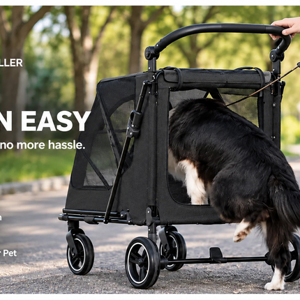 Large Dog Stroller Foldable Pet Pram with Mesh Windows Black