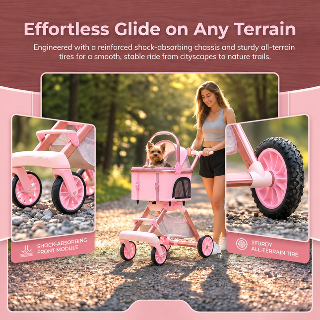 Luxury Pet Stroller for Small Dogs & Cats – 2-in-1 Detachable Carrier, Foldable Lightweight Dog Pram, Breathable Mesh, 360° Swivel Wheels, Large Storage Basket, Pink