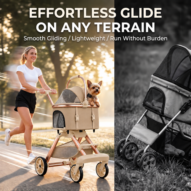 Pet Stroller for Small Medium Dogs & Cats, 20 lbs Capacity - Portable Carrier with One-Touch Brake,KHAKI