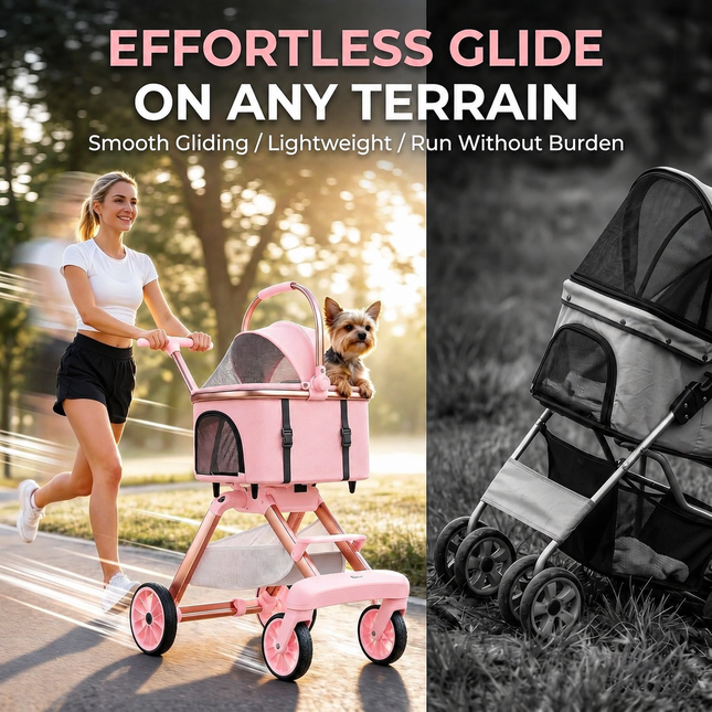 Luxury Pet Stroller for Small Dogs & Cats – 2-in-1 Detachable Carrier, Foldable Lightweight Dog Pram, Breathable Mesh, 360° Swivel Wheels, Large Storage Basket, Pink