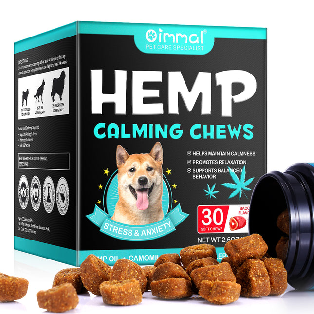 Hemp Calming Chews for Dogs – Natural Stress & Anxiety Relief, Promotes Relaxation, Supports Calm Behavior, Hemp Oil, Chamomile, Valerian Root & L-Theanine, Bacon Flavor, 30 Soft Chews