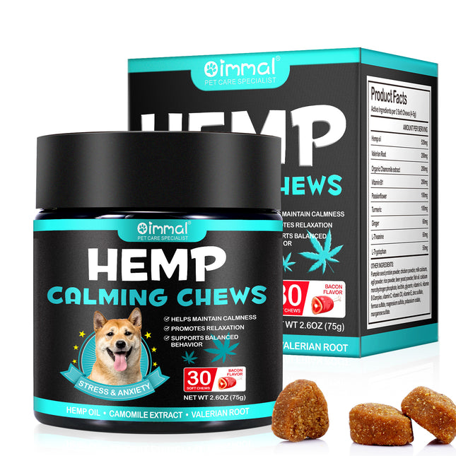 Hemp Calming Chews for Dogs – Natural Stress & Anxiety Relief, Promotes Relaxation, Supports Calm Behavior, Hemp Oil, Chamomile, Valerian Root & L-Theanine, Bacon Flavor, 30 Soft Chews