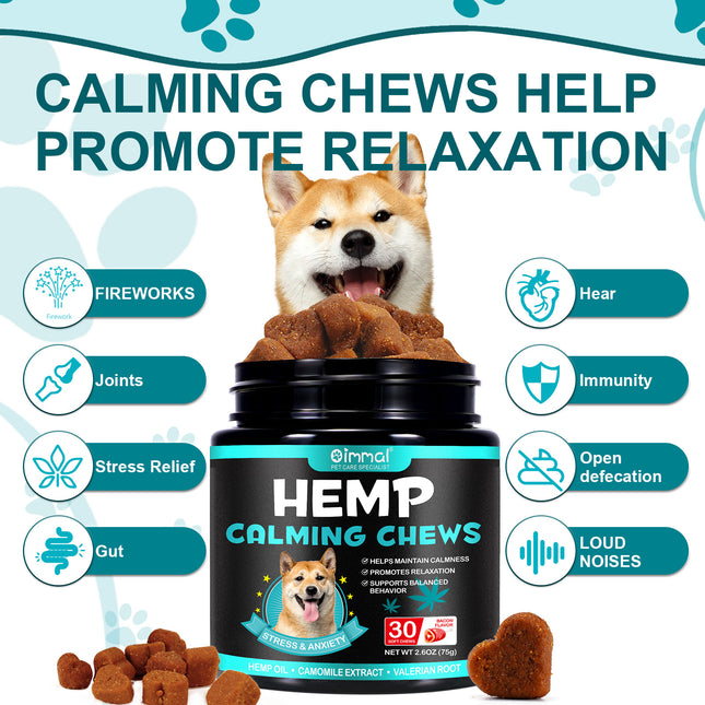 Hemp Calming Chews for Dogs – Natural Stress & Anxiety Relief, Promotes Relaxation, Supports Calm Behavior, Hemp Oil, Chamomile, Valerian Root & L-Theanine, Bacon Flavor, 30 Soft Chews