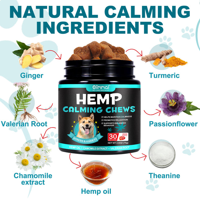 Hemp Calming Chews for Dogs – Natural Stress & Anxiety Relief, Promotes Relaxation, Supports Calm Behavior, Hemp Oil, Chamomile, Valerian Root & L-Theanine, Bacon Flavor, 30 Soft Chews