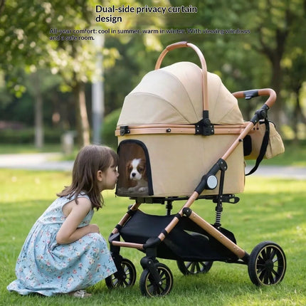 Luxury Pet Stroller with Spacious Comfort, Built- In Cooling Fan & Detachable,Beige Colour