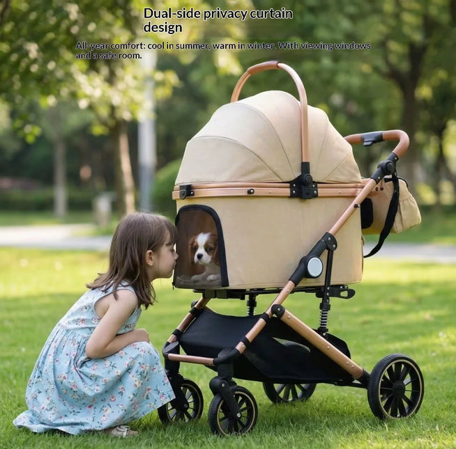 Luxury Pet Stroller with Spacious Comfort, Built- In Cooling Fan & Detachable,Beige Colour