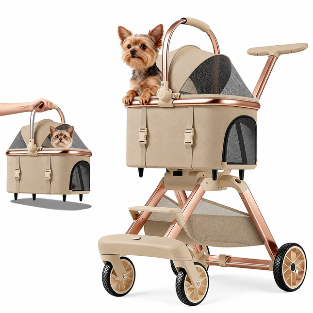 Pet Stroller for Small Medium Dogs & Cats, 20 lbs Capacity - Portable Carrier with One-Touch Brake,KHAKI