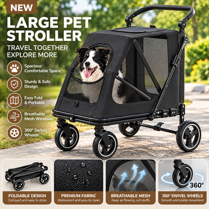 Large Dog Stroller Foldable Pet Pram with Mesh Windows Black