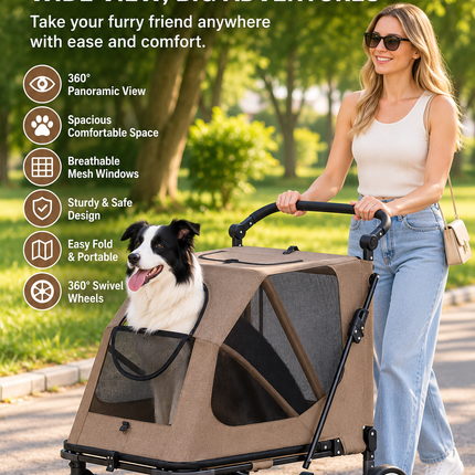 Large Dog Stroller Foldable Pet Pram with Mesh Windows Coffee Brown