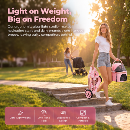 Luxury Pet Stroller for Small Dogs & Cats – 2-in-1 Detachable Carrier, Foldable Lightweight Dog Pram, Breathable Mesh, 360° Swivel Wheels, Large Storage Basket, Pink