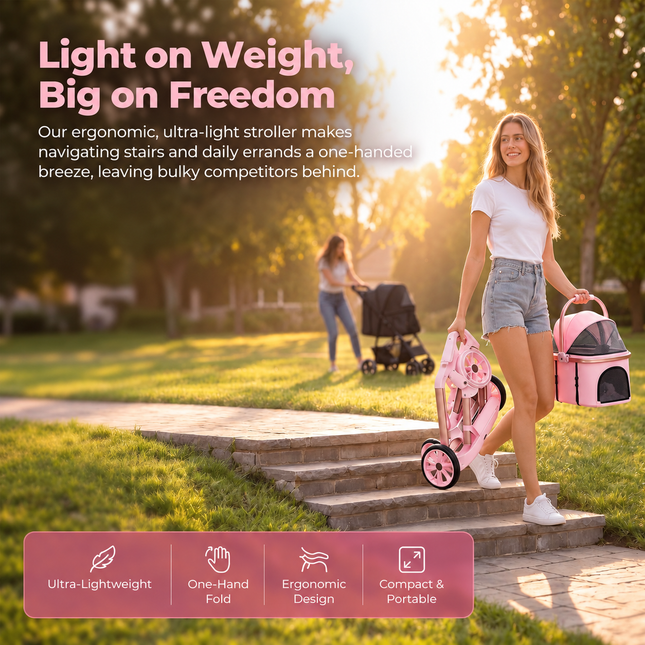 Luxury Pet Stroller for Small Dogs & Cats – 2-in-1 Detachable Carrier, Foldable Lightweight Dog Pram, Breathable Mesh, 360° Swivel Wheels, Large Storage Basket, Pink