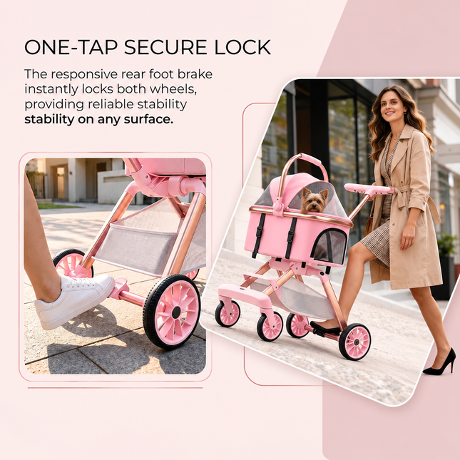 Luxury Pet Stroller for Small Dogs & Cats – 2-in-1 Detachable Carrier, Foldable Lightweight Dog Pram, Breathable Mesh, 360° Swivel Wheels, Large Storage Basket, Pink
