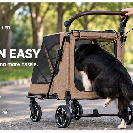 Large Dog Stroller Foldable Pet Pram with Mesh Windows Coffee Brown