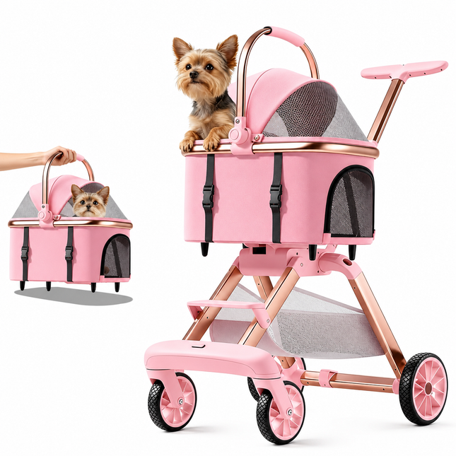 Luxury Pet Stroller for Small Dogs & Cats – 2-in-1 Detachable Carrier, Foldable Lightweight Dog Pram, Breathable Mesh, 360° Swivel Wheels, Large Storage Basket, Pink