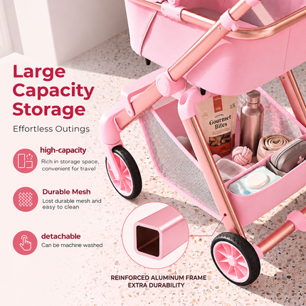 Luxury Pet Stroller for Small Dogs & Cats – 2-in-1 Detachable Carrier, Foldable Lightweight Dog Pram, Breathable Mesh, 360° Swivel Wheels, Large Storage Basket, Pink