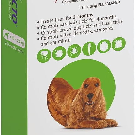 BRAVECTO MEDIUM GREEN DOG 500MG >10-20KG (2PK)