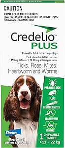 Credelio Plus Dog Flea and Tick Treatment, Single Pack, Ticks, Fleas, Mites, Heartworm & Worms Parasite Protection, in The Smallest Monthly Chewable Tablet for Dogs > 11-22 kg, 1 Pack