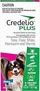 Credelio Plus Dog Flea and Tick Treatment, Single Pack, Ticks, Fleas, Mites, Chewable Tablet for Dogs > 2.8-5.5 kg, 1 Pack