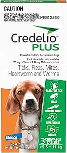 Credelio Plus Dog Flea and Tick Treatment, Single Pack, Ticks, Fleas, Mites, Heartworm & Worms Parasite Protection, in The Smallest Monthly Chewable Tablet for Dogs > 5.5-11 kg, 1 Pack