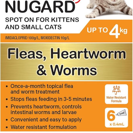 NUGARD Spot On for Kittens and Cats up to 4 kg - Flea & Worm Protection 6-Pack - Vet Recommended Fast-Acting Waterproof Topical Solution with IMIDACLOPRID 100g/L per Carton, MOXIDECTIN 10g/L