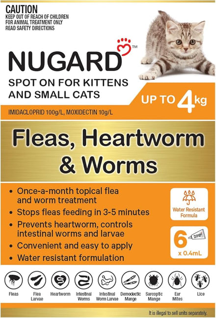 NUGARD Spot On for Kittens and Cats up to 4 kg - Flea & Worm Protection 6-Pack - Vet Recommended Fast-Acting Waterproof Topical Solution with IMIDACLOPRID 100g/L per Carton, MOXIDECTIN 10g/L