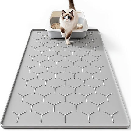 Bulkniu Large Silicone Cat Litter Mat, Waterproof/Urineproof, Litter Recycling, Easy to Clean, Soft on Kitty Paw (22"X34"- Grey)