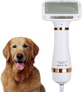2 in 1 Pet Hair Dryer, Pet Grooming Blowing Dryer with Slicker Brush, 3 Heat Settings, One-Button Hair Removal, Portable Dog Blower, Professional Home Grooming Furry Drying for Cat Dog