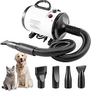 Professional Pet Grooming Dryer, 3800W High Velocity Force Blower with Adjustable Speed and Temperature Control, Multiple Nozzles, White and Black