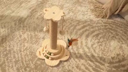 Cat Scratching Post for Kittens, 4 in 1 Wooden Cat Scratcher Toy, 17.7" Tall Scratch Post with 2 Level Cat Track Balls, Interactive Feather Toy and 2 Sisal Hanging Balls for Indoor Kittens